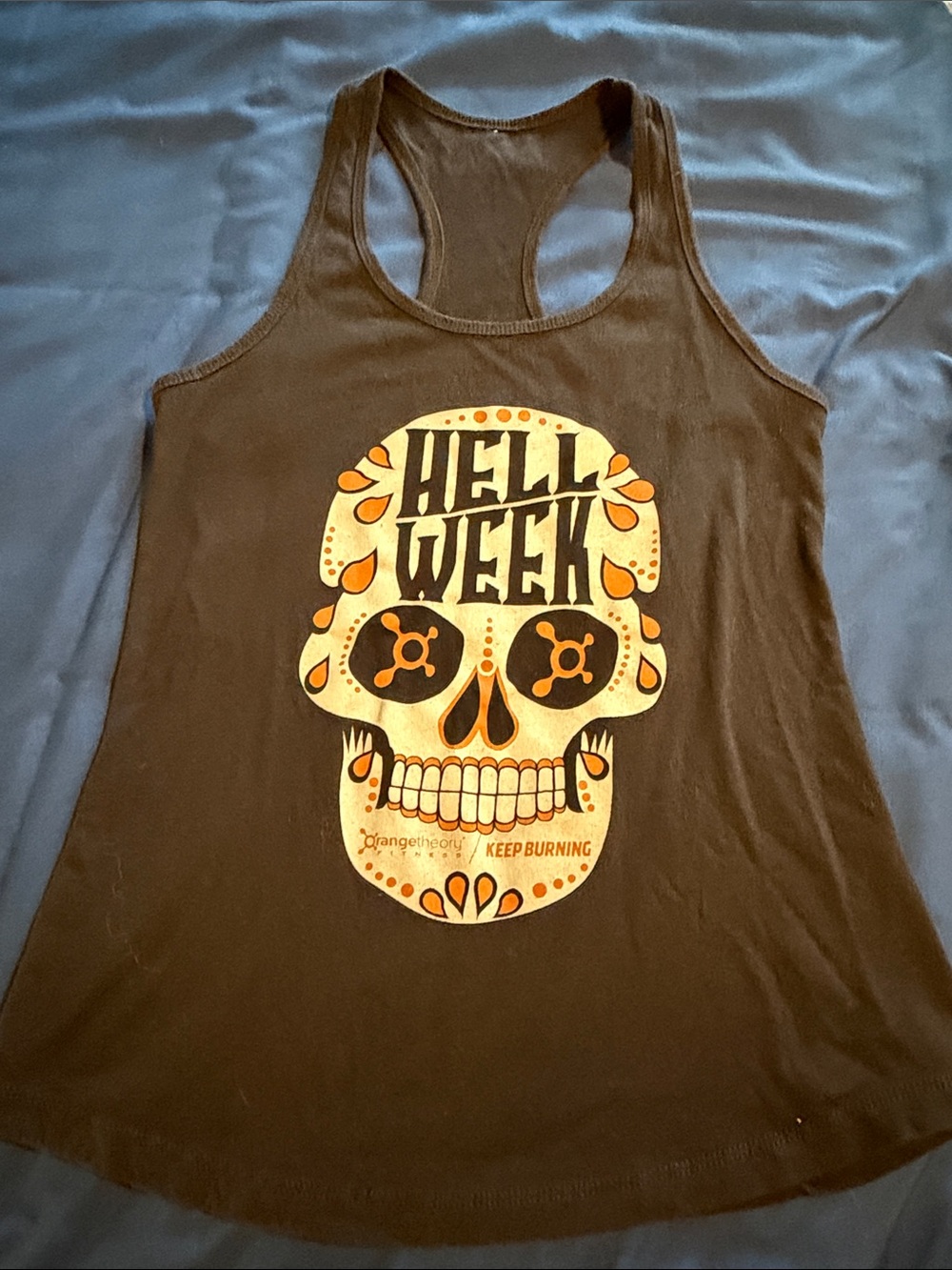 Orangetheory Black Tank Top with Orange & Cream 'Hell Week' Candy Skull Graphic